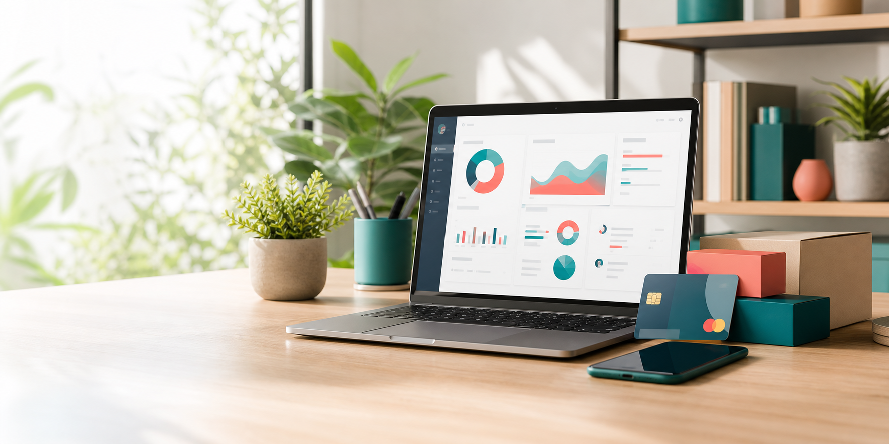 Meja kerja modern dengan laptop dan dashboard bisnis